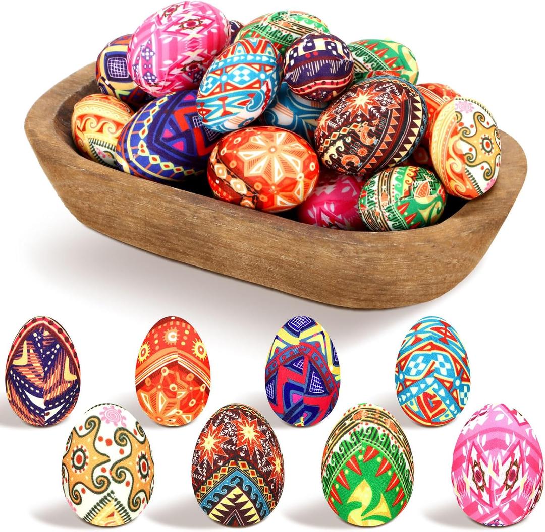 Hollowfly 24 Pcs Pysanky Easter Eggs Ukrainian Floral Spring Bowl Filler Decor Fabric Wrapped Easter Foam Eggs for Home Trays Holiday Party Decorations Basket Vase Bowl Fillers
