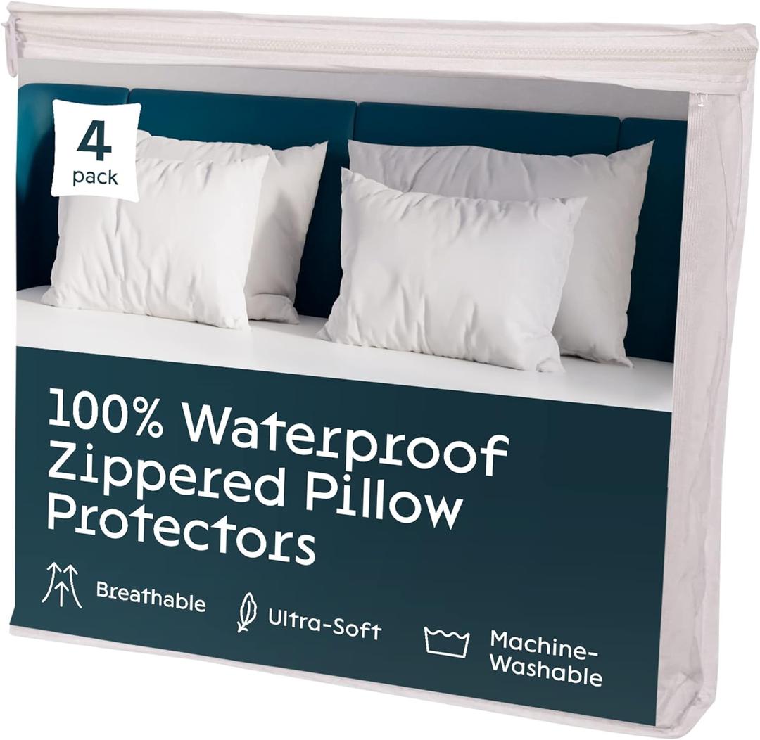 Niagara 2 Pack Waterproof Pillow Protectors Queen 20x30 Inches Smooth Zipper Premium Encasement Covers Quiet Cases Set White