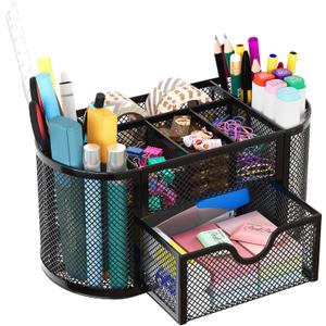 EasyPAG Mesh Desk Organizer, Multi-functional Stationery Organizer for School Supplies, Office Pen Holder for Desk, 9 Compartments Dorm Organization with Drawer, Black