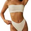 ZAFUL Women Strapless Textured Bandeau Bikini 2 Piece Swimwear Cheeky Solid Lace up Bathing Suits Size US 6
