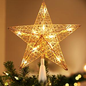 Brizled Gold Christmas Tree Topper, 9 Hollow-Out Star Tree Topper with 10 Warm White Lights, Pre-lit 5 Point Star Treetop, 120V UL Listed Lighted Treetop for Christmas Tree Home Decoration