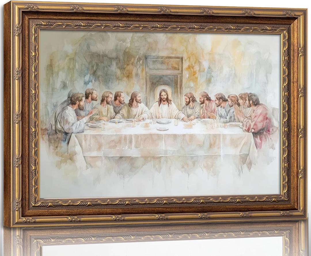 Vintage Gold Framed The Last Supper Canvas Wall Art Jesus Christian Painting Picture Wall Decor Jesus and Twelve Apostles Poster Print Artwork for Dining room Prayer Room Church Home Decortion (16"L x 12"W)