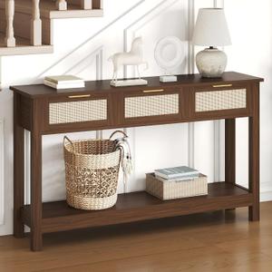 Luoxiao Console Table for Entryway with 3 Rattan Drawers Boho Entry Table with Storage Open Shelf, Narrow Long Sofa Tables for Living Room, Hallway, Foyer, Couch, Front Door, Walnut, 47 Inch