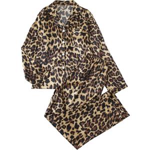 BEAUDRM Women's 2 Piece Leopard Print Satin Pajama Set Cheetah Button Down Long Sleeve Top and Pants Sleepwear (S)