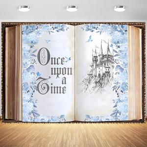 7x5ft Once Upon a Time Backdrop Fairy Castle Books Blue Flowers Photography Background Princess Birthday Baby Shower Party Banner Decorations Supplies Photo Booth Props