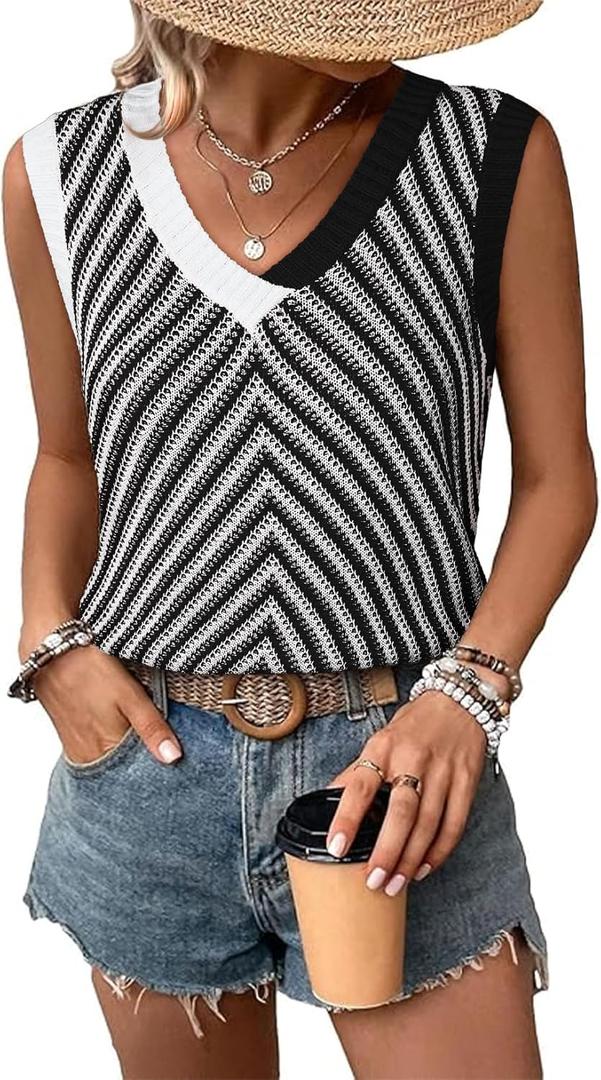 SHEWIN Tank Tops for Women 2025 Casual Sleeveless Shirts Knit Sweater Vest V Neck Summer Tops (Small, Black White)