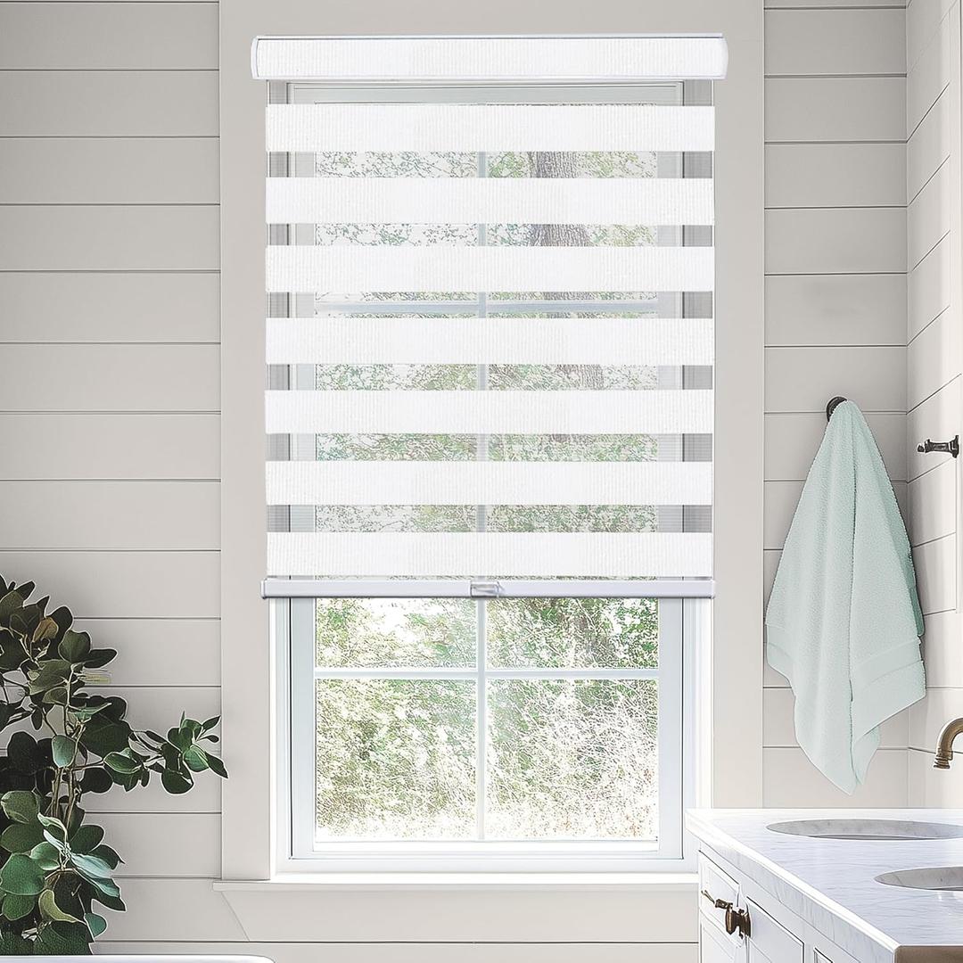 CHICOLOGY Zebra Blinds Cordless Window Shades, Dual Layer Light Filtering Roller Shades for Windows, Sheer Privacy Striped Fabric, Easy Install, 40" W x 72" H, Basic Arctic