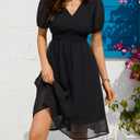Holipick Women Summer Casual Dress Wedding Guest V Neck Short Sleeves Smocked Waist Chiffon Swing Knee Length Midi Dresses (Black, XL)