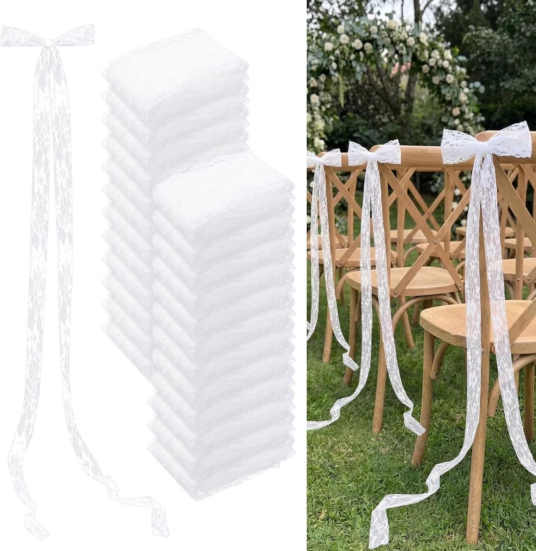 24 Pcs Lace Chair Sashes for Wedding Aisle Decorations Chair Bow Ribbons for Wedding Ceremony Bridal Shower Baby Shower Reception Party Banquet Ceremony Church Pew Decors (White)