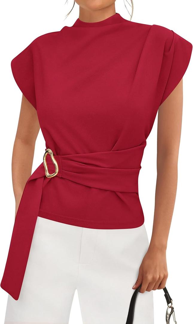 PRETTYGARDEN Women Blouses Spring Dressy Cap Sleeve Mock Neck Work Shirts Buckle Tunic Summer Business Casual Tops 2026 (Large, Red)