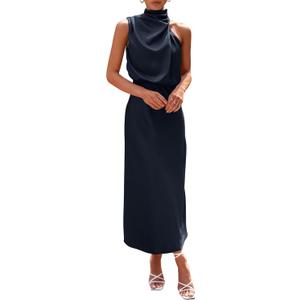 PRETTYGARDEN Women's 2026 Summer Satin Dress Elegant Sleeveless Mock Neck Cocktail Party Maxi Dresses (Dark Navy)