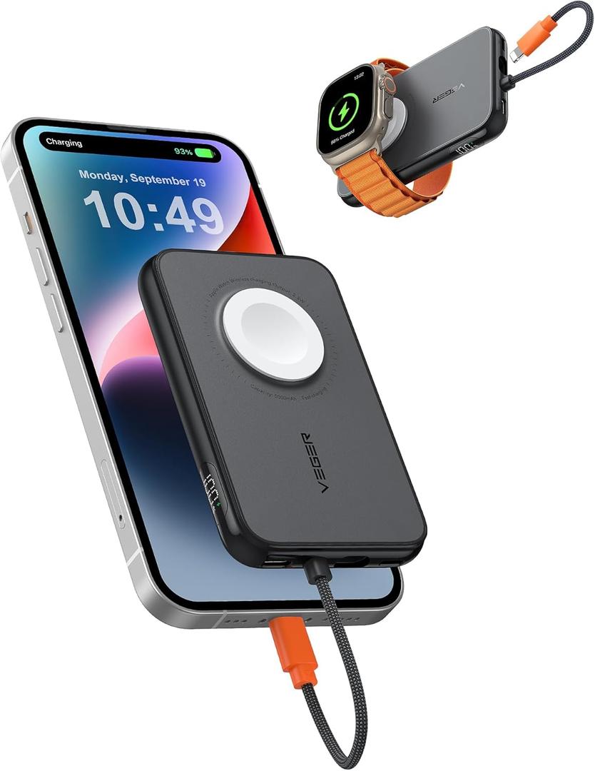 VEGER Portable Charger for iPhone with Built in Cable, 5000mAh Mini Power Bank Battery Pack, PD 20W Fast Charger Travel Essential Compatible with iPhone 14/13/12/Pro Max, Andorid, Apple Watch-Black (A Black)