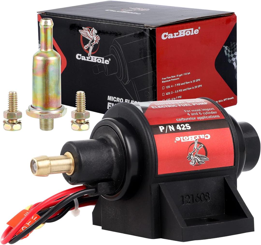 CarBole Gasoline Electric Fuel Pump Universal 5/16 Inch Inlet and Outlet Inline 12V 1-2A 28GPH 2-3.5P.S.I. Operating Fuel Pressure
