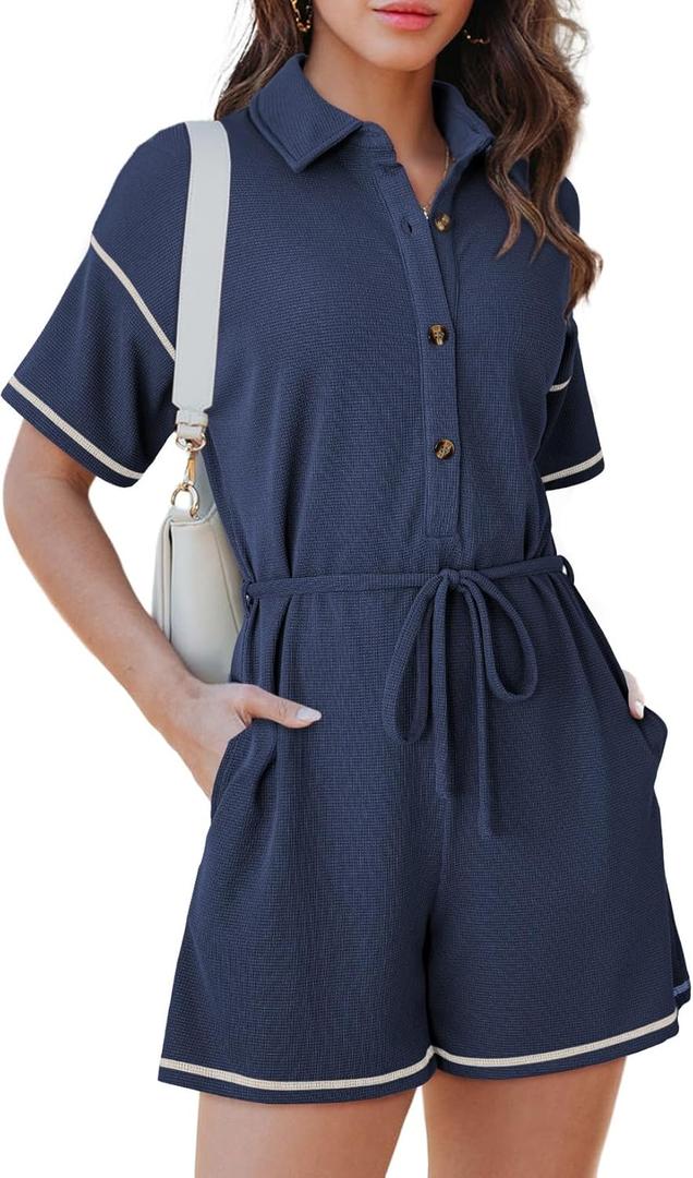 Dokotoo Womens 2025 Summer Casual Button Up Short Sleeve Drawstring Waist Shorts Jumpsuits Striped Rompers with Pockets (XX-Large, Navy Blue)