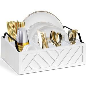Paper Plate Dispenser and Holder for Kitchen Counter, Wood Rustic Silverware Utensil Caddy, Cutlery Flatware Organizer Box for Cups Spoons Forks Napkins, Kitchen Accessories (White)