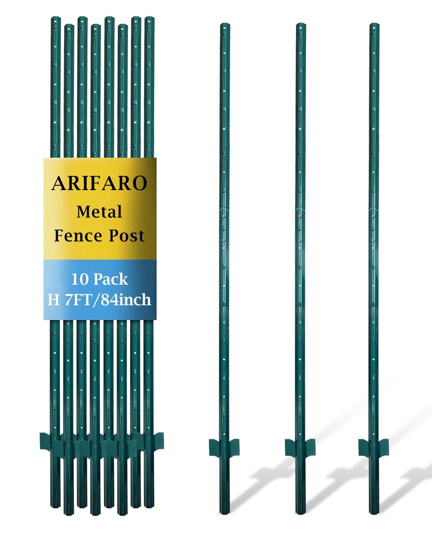ARIFARO Fence Posts 7 Feet Sturdy Duty Metal Fence Post, Pack of 10, No Dig Garden U Post for Wire Fencing Steel Post for Yard, Outdoor Wire