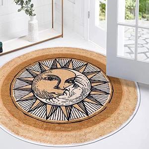 Sun and Moon Round Rug,55x55 inch Boho Round Rug,Non-Slip Super Soft Creative Tribal Style Floor Carpet for Living Room Bedroom Bathroom Kids Room Home Decor Fuzzy Rug