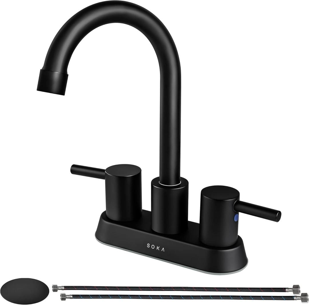 Commercial Bathroom Faucet 3 Hole Bathroom Sink Faucet with Pop-Up Drain Deck Plate for 3 Hole, 2 Handles 4 Inch Sink Lavatory Faucets with 360 Swivel (Matte Black)