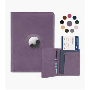 Airtag Passport Holder for Women Men Travel, Real Leather Passport Wallet, Handmade Passport Cover Case with Airtag Slot, Travel Must Haves Essentials Accessories Birthday Gifts (Crazy Horse, Purple)