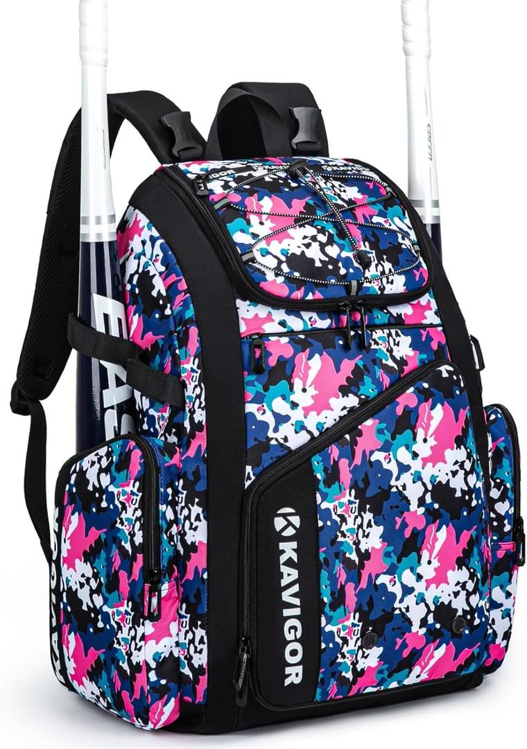KAVIGOR Baseball Bag for Youth and Adult, Softball Bag 50L Large Capacity Holds 4 Bats, Equipment Backpack with Shoes Compartment