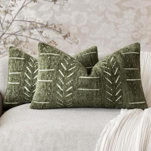 Home Dcor Decorative Boho Chenille Throw Pillow Covers Neutral Lumbar Cushion Covers Textured Soft Farmhouse Pillowcase for Couch Sofa Chair Bed Living, 1220 Inch, Set of 2, Olive Green