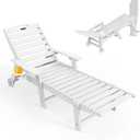 Lounge Chair Outdoor, Oversized Chaise Lounge Chair with 5 Positions, HDPE, Patio Lounge Chair with Wheels & Cup Holder for Pool, Deck, Poolside, White