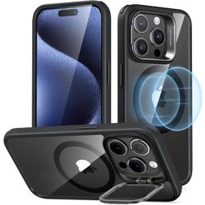 ESR for iPhone 15 Pro Case, Compatible with MagSafe, Military-Grade Protective Case, Built-in Stash Stand Phone Case, Scratch-Resistant Back Cover, Classic Series, Clear Black