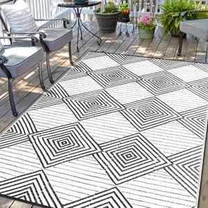 Waterproof Outdoor Rug 6x9ft, Foldable Reversible Plastic Straw Mat for Patio RV Deck Porch Backyard Balcony Camping Picnic Beach Indoor Outdoor Carpet, Black&White (6 x 9 Feet, C.squares | Black & White)
