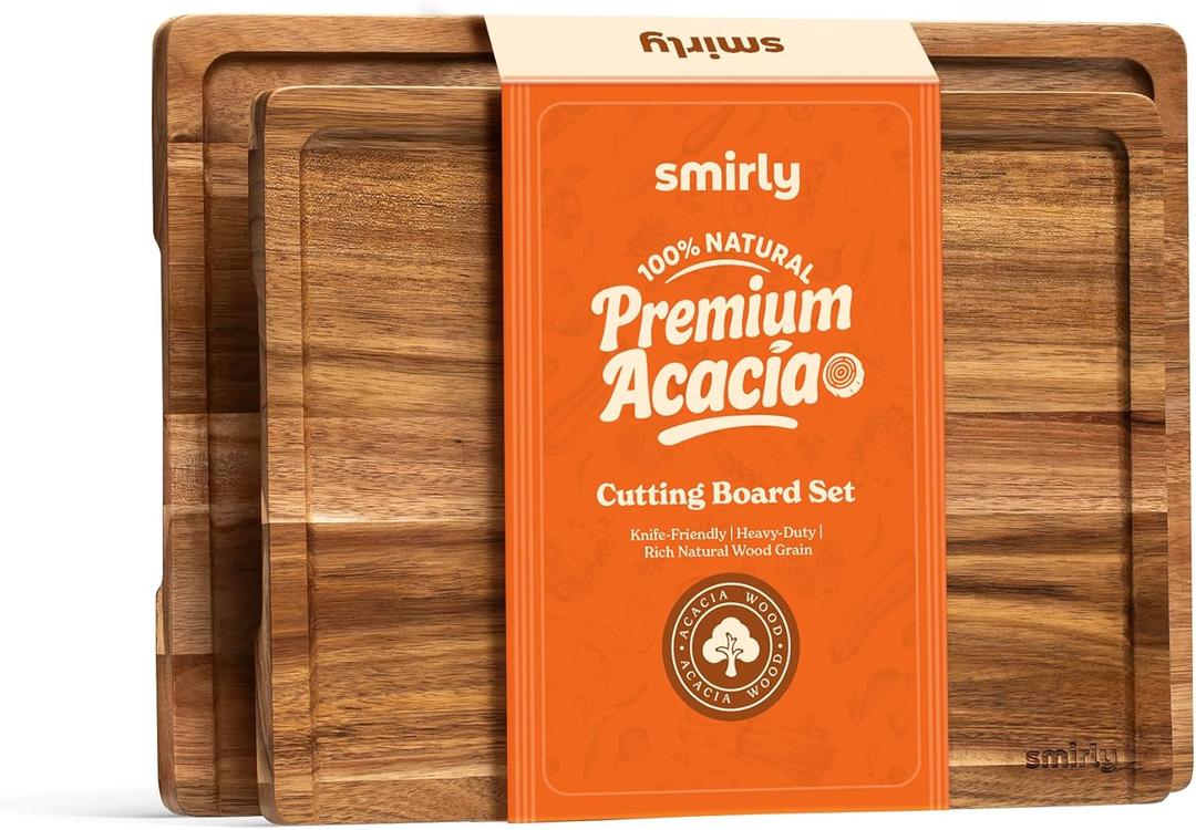 SMIRLY Bamboo Cutting Board Set, Chopping Board and Wooden Cutting Boards for Kitchen, Small Wood Cutting Board and Butcher Block (Acacia Wood, 2 Pack)