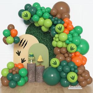 Amandir 153pcs Dinosaur Balloons Arch Garland Kit, Different Sizes 18 12 10 5 inch Dark Green Brown Orange Printed Dino Balloons for Boys Jungle Safari Dinosaur Birthday Party Baby Shower Decorations