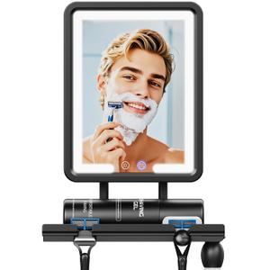 Heated Shower Mirror Fogless for Shaving 2025 New, 3 Colors Stepless Dimmable Lights Anti Fog Shower Mirror, Fog Free Mirror for Shaving with Razor Holder for Men, NO-Drilling, Removable - Black
