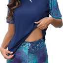 Halcurt Women Short Sleeve Two Piece Rash Guard Set UPF 50 Swim Shirt with Board Shorts (X-Large, Navy Blue Printed Top+printed Bottoms)