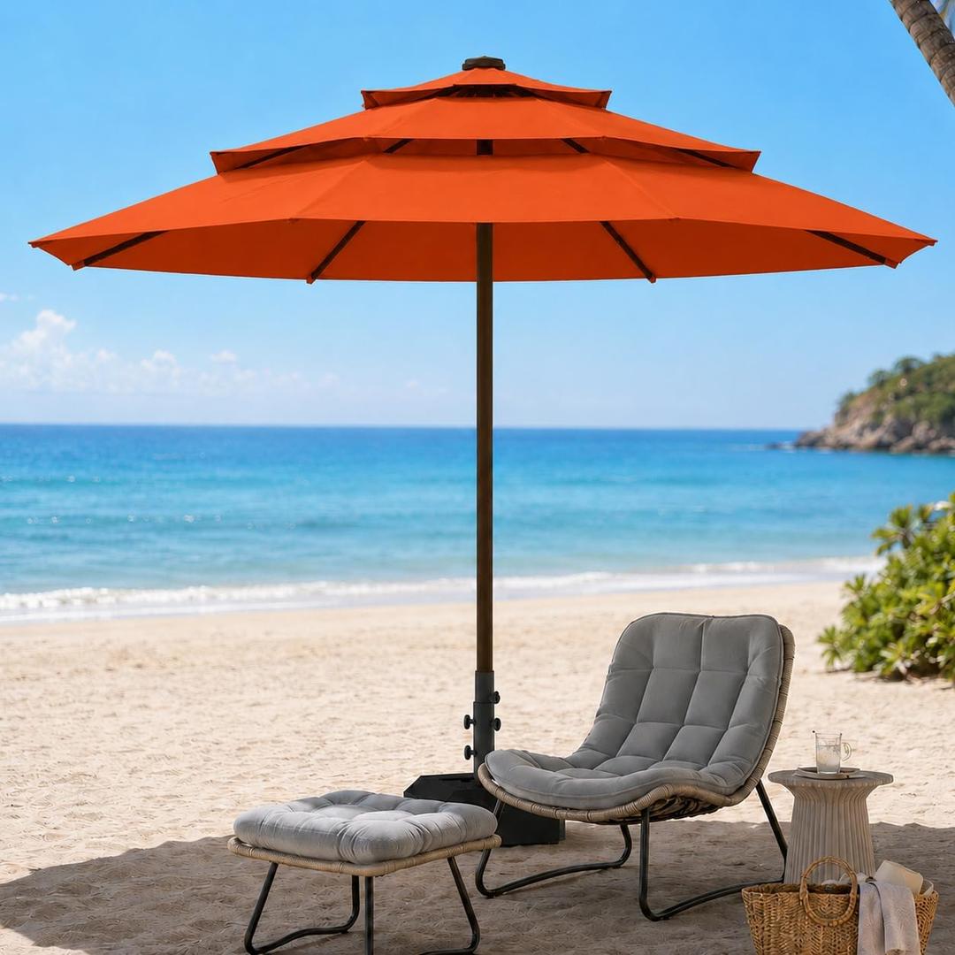 10ft Patio Umbrella, 3-Tier Vented Outdoor Table Umbrella with 8 Sturdy Fiberglass Ribs, Windproof Market Umbrella with Push Button Tilt and Crank, UV Protection for Deck, Pool, Terracotta