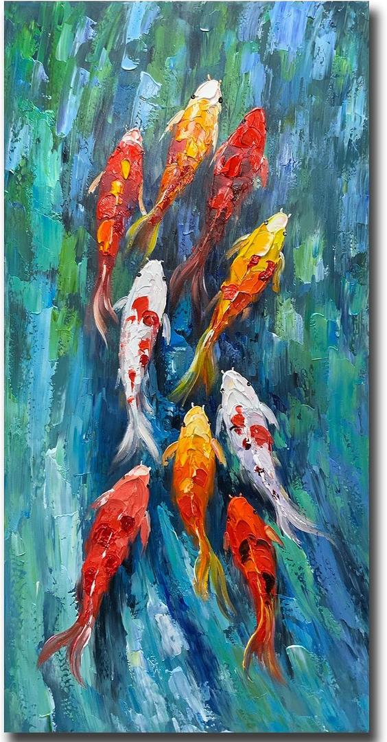 Yotree Wall Art, 24x48 Inch Paintings Oil Hand Painting Colors Fishes Painting 3D Hand-Painted On Canvas Abstract Artwork Art Wood Inside Framed Hanging Wall Decoration Abstract Painting