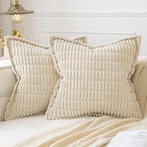 MIULEE Cream White Corduroy Decorative Throw Pillow Covers Pack of 2 Soft Striped Pillows Pillowcases with Broad Edge Modern Winter Cute Boho Home Decor for Couch Sofa Bed 18x18 Inch
