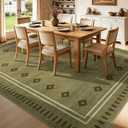 Green Diamond Bordered Rugs for Living Room 8x10, Non-Slip Washable Farmhouse Bedroom Rug, Low-Pile Indoor Carpets, Stain-Resistant Vintage Rugs for Dining Room, Office
