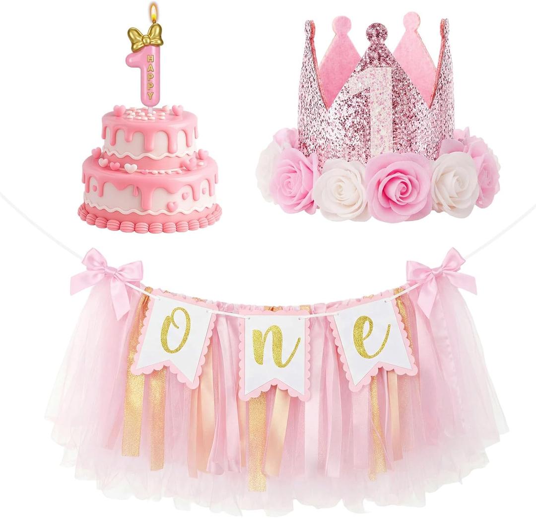 Yaomiao Birthday Banner Decorations Set Bow Highchair Banner Pink Princess Crown Hat Number Candle Decor Princess Theme Party for Photo Props