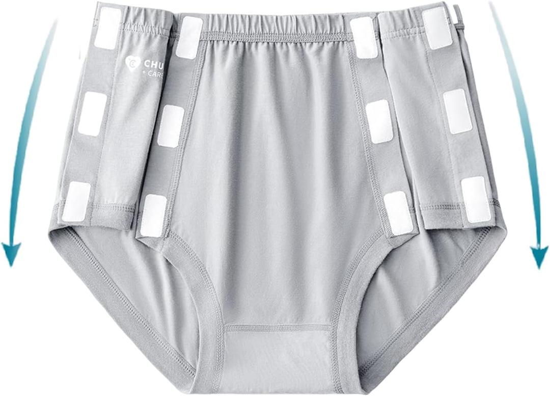 Post Surgery Tearaway Underwear for Women, Reusable Stick-On Briefs, Incontinence & Elderly Care, Hip Knee Surgery, Breathable Cotton, Gray, L 