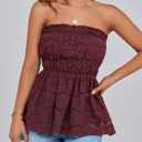 PRETTYGARDEN Women's Boho Tube Tops 2025 Summer Strapless Off Shoulder Eyelet Smocked Peplum Trendy Going Out Bandeau Top (X-Large, Wine Red)