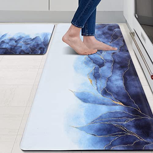 MAYHMYO Anti Fatigue Kitchen Mat - Set of 2 - Blue and Gold Design Comfort Mats - Cushioned, Non Slip Floor Mat