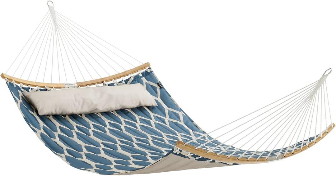 SONGMICS Hammock, Quilted Hammock with Curved Bamboo Spreaders, Pillow, 78.7 x 55.1 Inches, Portable Padded Hammock Holds up to 495 lb,Blue and Beige Rhombus UGDC034I02 (Blue + Beige Rhombus)