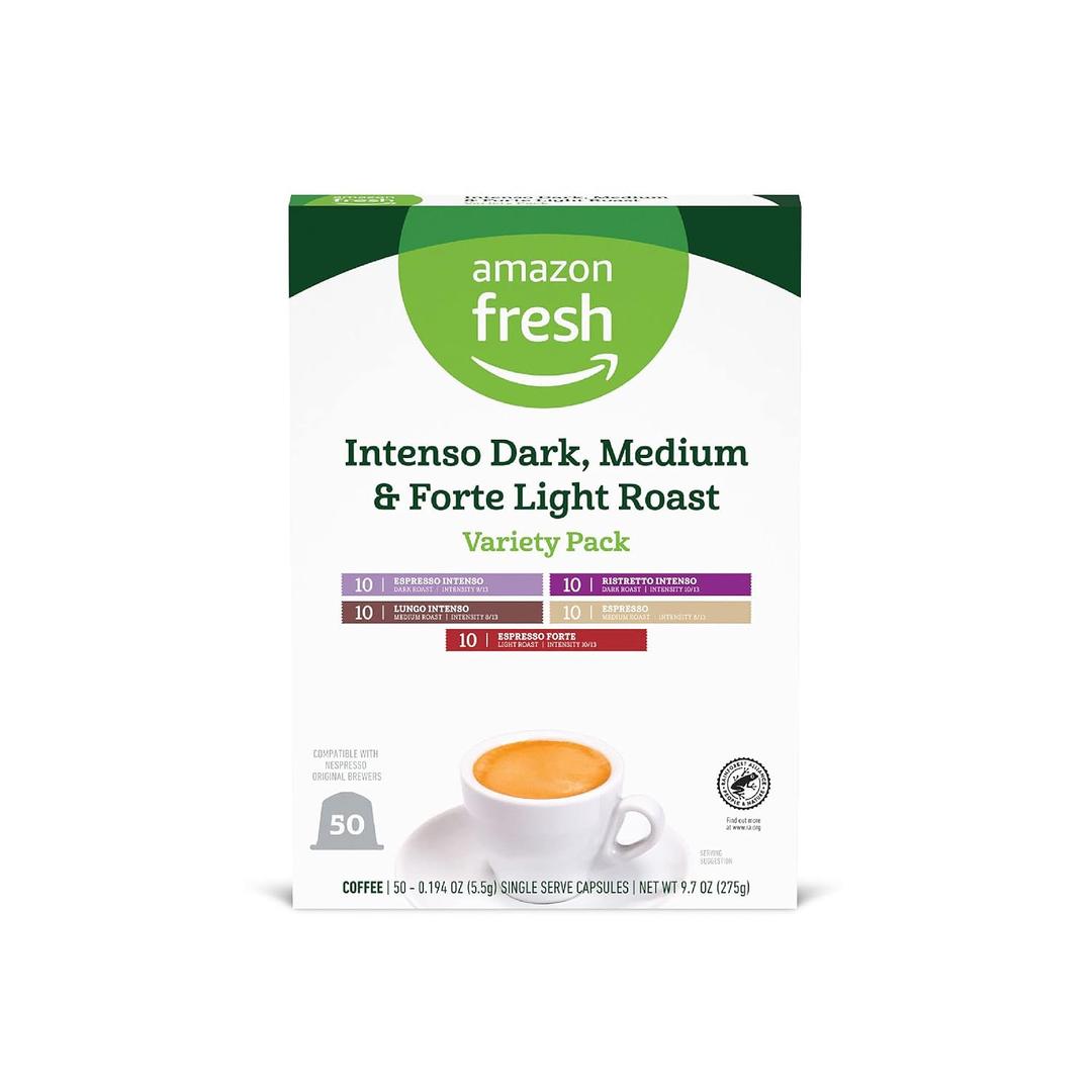 Amazon Fresh Intenso Dark, Medium & Forte Light Roast Aluminum Capsules, Variety Pack, Compatible with Nespresso Original Brewers, 50 Count (5 Packs of 10) (EXP 04/03/28)