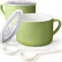 2 x Soup Bowls with Handles & Spoons, 30oz Ceramic Ramen Bowl with Lid, Large Soup Mugs/Cups for Instant Noodle, Big Cereal Bowls for Oatmeal, Soup Containers with Lids, Set of 2, Grass Green