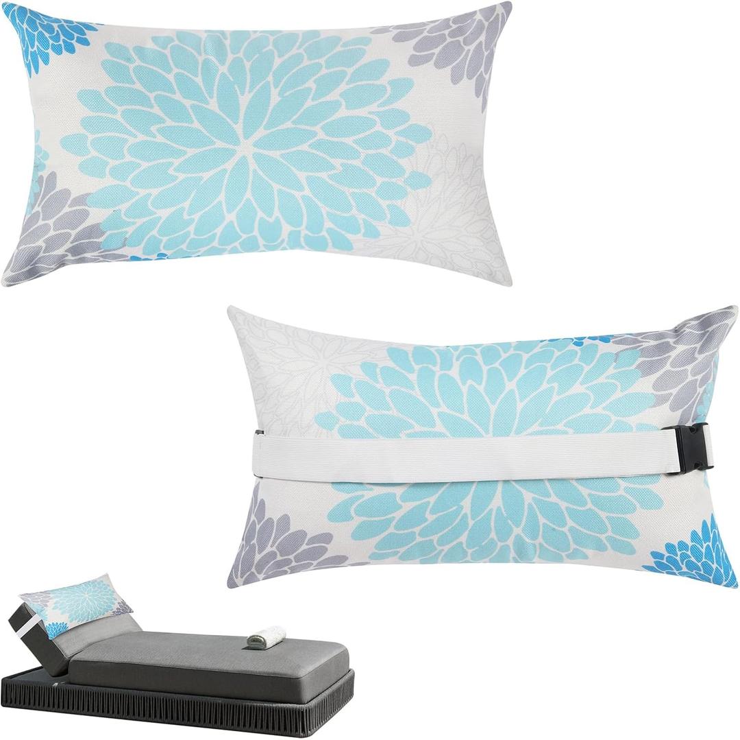 Chaise Head Rest Pillows Set of 2, Outdoor Lounge Pillow Lumbar Pillows with Insert and Adjustable Elastic Strap Decorative Pillows for Patio Beach Pool Chair, Light Blue Gray Flower