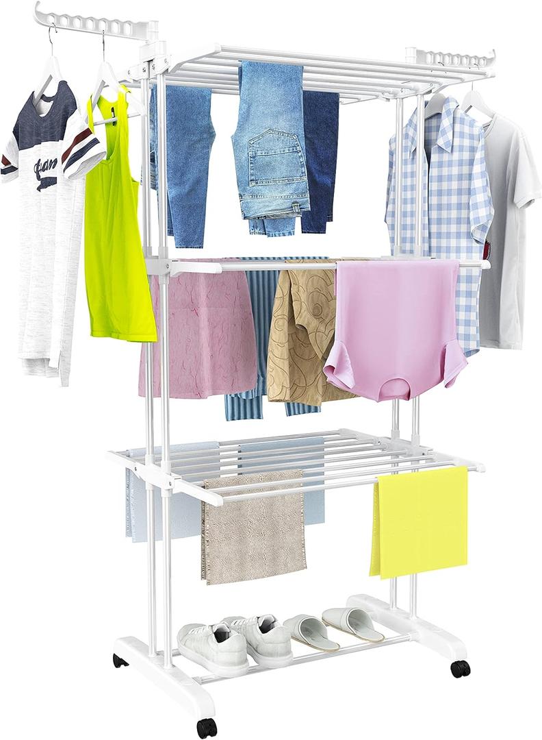 HOMIDEC Clothes Drying Rack, Large 4-Tier Foldable Drying Rack Clothing(67.7H x 19.7W x 30L Inches), Movable with 4 Castors. Multifunctional Stainless Steel Laundry Drying Rack, White