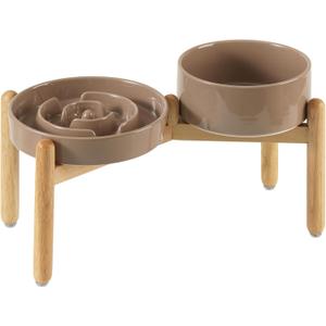 Havniva Ceramic Raised Slow Feeder Dog Bowl Set, Elevated 7.3inch Bowl and 8.2inch Puzzle Slow Dish with Wooden Stand for Medium and Large Dog, Anti-Gulping (2X Brown Coffee+ Stand)