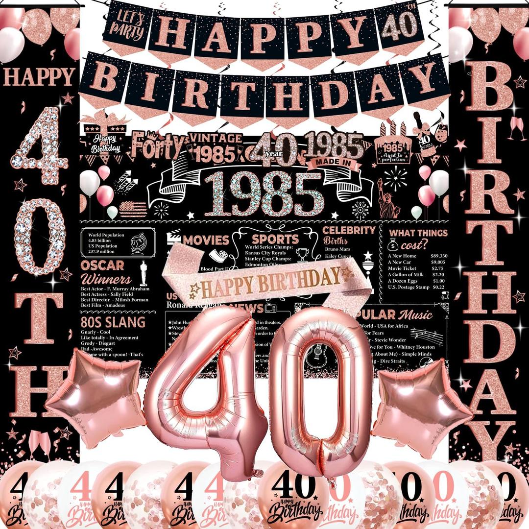 40th Birthday Decorations for Women, 40th Birthday Banners Balloons Backdrop Happy 40 Birthday Sash Party Decorations for Forty Back in 1985 Birthday Decorations Rose Gold