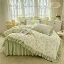 4pcs Duvet Cover Set Queen Size-100% Luxury Cotton Ultra Soft Ruffle bedding set includ 1 Duvet Cover with Zipper Ties,1 Fitted Sheet with Bed Skirt, 2 lace Pillow Shams for all season (light green)