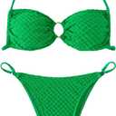 WDIRARA Women's Ruched Ring Halter Bikini Swimsuit Two Piece Tie Back Bathing Suits (Green, S)