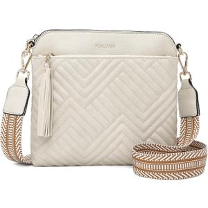 FOXLOVER Quilted Crossbody Bags for Women Vegan Leather Boho Purses Shoulder Handbags with Tassel (Beige)